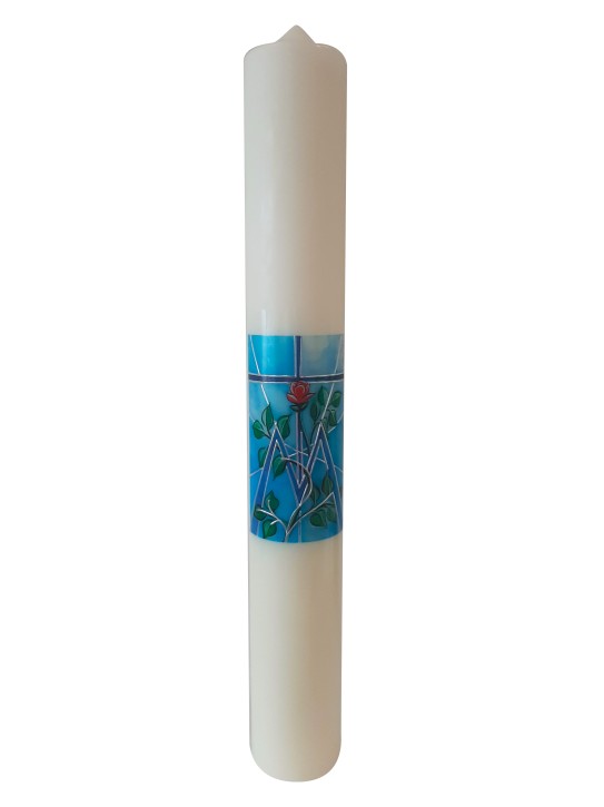 Marienkerze "Kreuz - M mit Rose" Druck mit hochwertiger Wachsauflage 40 x 6 cm